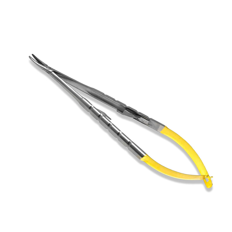 Cynamed TC Castroviejo Micro Needle/Suture Holder Driver with Tungsten Carbide Inserts and Gold Ends - Premium Grade Instrument (5.5 in. Curved Jaws) 5.5 in. Curved Jaws