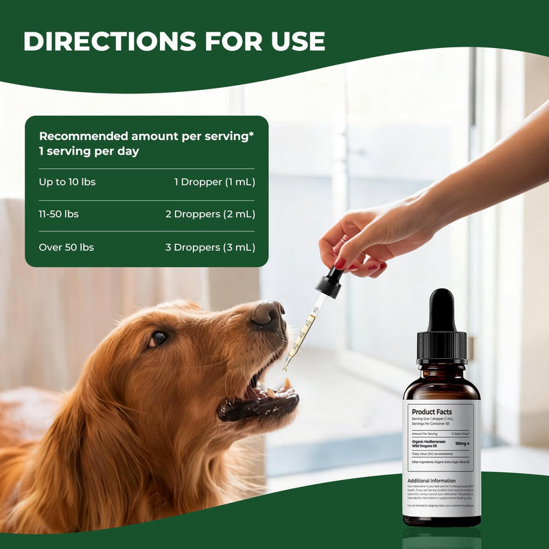 Oregano Oil for Dogs Drops, Organic Oil of Oregano in Extra Virgin Olive Oil, Mediterranean Wild Oregano, Immune and Digestive Support, Easy-to-Use Dropper, 2 fl oz