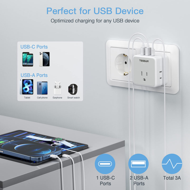 TESSAN All European UK Travel Plug Adapter Kit, International Detachable Converter with 3 Outlet 3 USB Charger (1 USB C), Type C/G/E/F EU Ireland Power Adaptor, US to Europe Italy Spain France Greece White/Grey