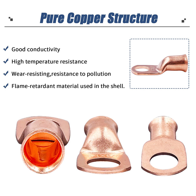 HerMia 20 Pack UL Heavy Duty Wire Lugs 1/0 AWG-1/2'', 1/0 AWG-3/8'' Tubular Ring Terminals Connectors Battery Cable Ends, Bare Copper Eyelets with 3:1 Dual Wall Adhesive Heat Shrink 1/0 AWG KIT