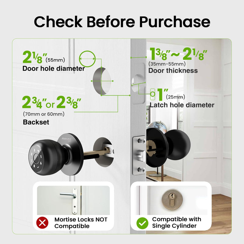 GHome Smart Fingerprint Door Lock, 4 in 1 Smart Fingerprint Door Knob with Keypad, App Control, Auto Lock, Biometric Door Knob with Lock for Bedroom, Apartment, Garage, Home & Office 4 IN 1 - Black