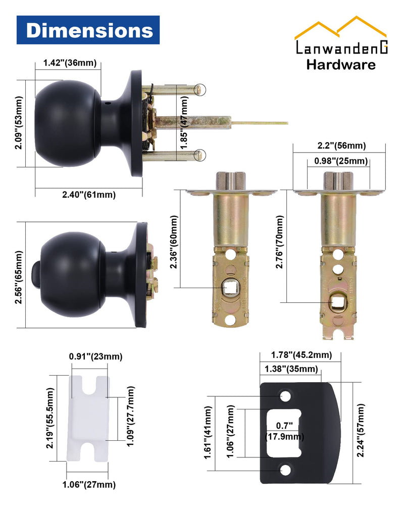 Lanwandeng Matte Black Door Knobs with Lock and Keys, Interior/Exterior Door Knob for Bedroom or Bathroom, Entry Door Lock 1 Pack Entry with Keys