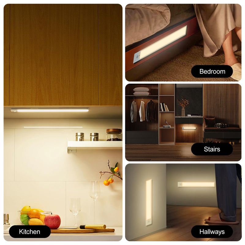 Under Cabinet Lights 2 Pack 12 inch Rechargeable Battery Operated Motion Sensor Light Indoor USB Charging Closet Lights Battery Operated with 3 Color Temps for Kitchen, Stairs, Home