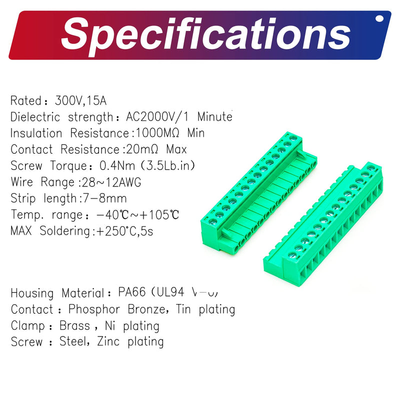 Tcenofoxy 5.08mm Male & Female 2/3/4/5/6/7/8/9/10/11/12/13/14/15/16/18/20/24 Pin Phoenix Connector No Soldering Green PCB Screw Terminal Block Connector (1Set 5.08MF-14Pin) 5.08MM-14P-1Set