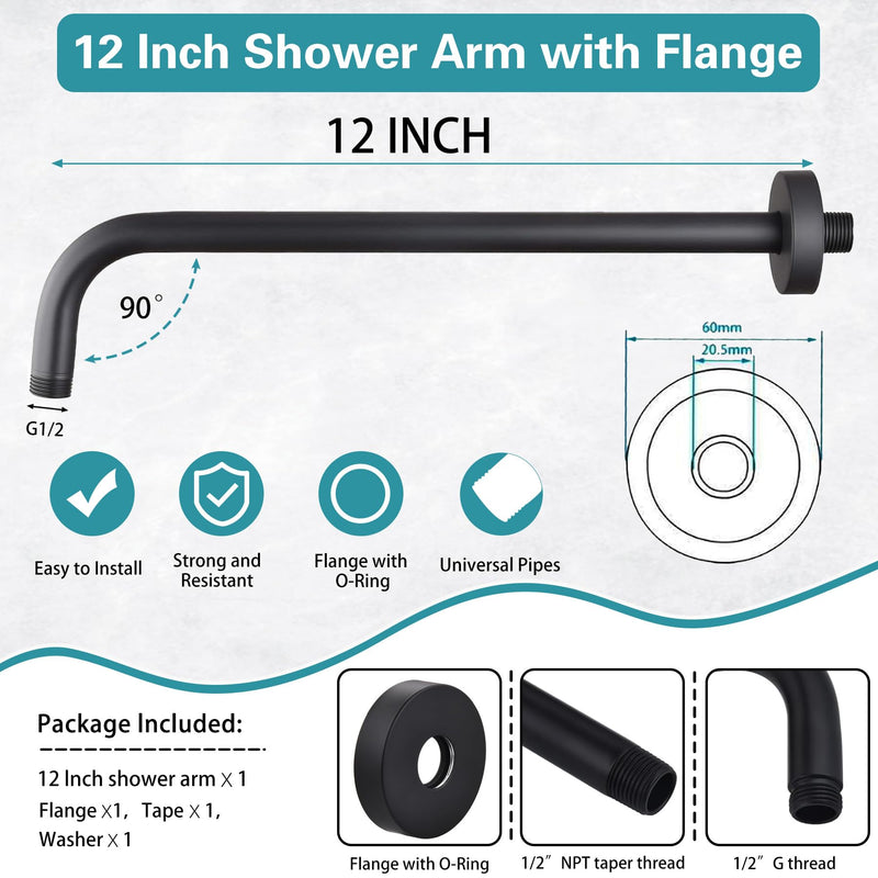 12 Inch Shower Arm with Flange,Stainless Steel 90 Degree Rain Shower Head Extension Arm,Wall-Mounted Shower Head Arm for Fixed Shower Head,Matte Black 12 inch Matte Black