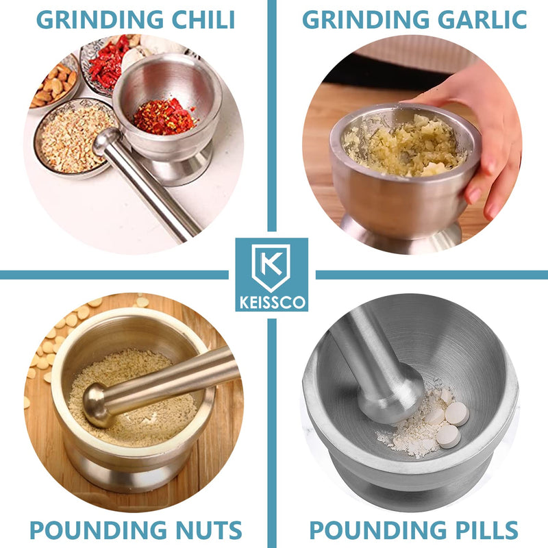 Stainless Steel Mortar and Pestle Set, Spices Grinder Pill Crusher with Silicone Protective Lid - Heavy Duty Mortar Pestle for Molcajete Herb Bowl, Pesto Powder, Spices Herbs Grinder