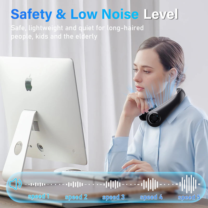 Neck Fan - Portable Neck Fan with Neck Support, 5 Speeds, All Around Airflow, Hand-free Bladeless Personal Cooling Fans, Rechargeable Wearable Fan for Outdoor and Indoor, Festival Gifts for Men Women Black