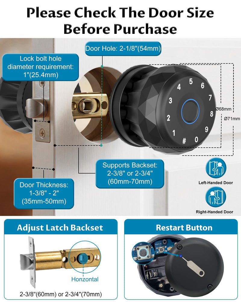 Biometric Fingerprint Door Lock, Smart Keyless Entry Knob | Fingerprint Unlock, Keypad Entry, APP Control, Auto Lock, Easy Install, Multi-User Access, Low Battery Alert, Bedroom Office Black-Diamond