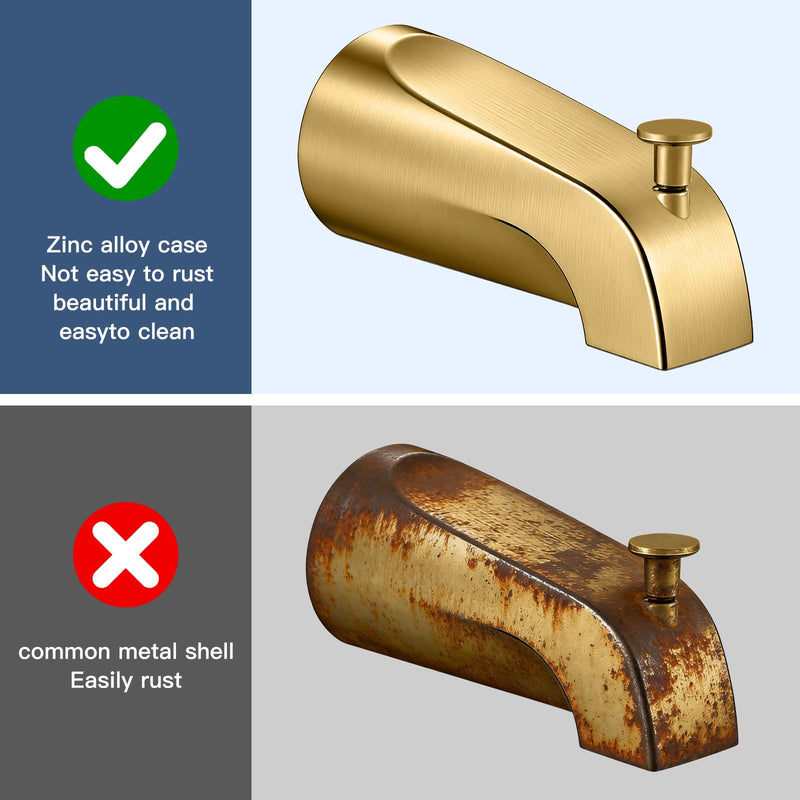Tub Spout with Diverter, Heavy Duty All Metal Bathtub Faucet with Brass,Shower Slip-on Bathtub Faucet for 1/2 Inch Copper Pipe,5-3/8 Inch Bath Tub Faucet Replacement,Brushed Gold Brushed Gold