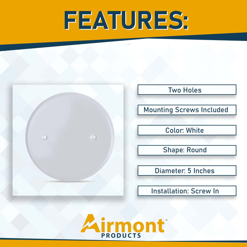 AP-12031, 5 Inch White Metal Ceiling Blank-Up Cover, Used to Cover 3-1/2 Inch Round/Octagon Box Openings In Ceilings or Walls, Mounting Screws Included, Holes Are Spaced 2.75 Inches 1 5-Inch, For 3-1/2 Inch Electrical Box