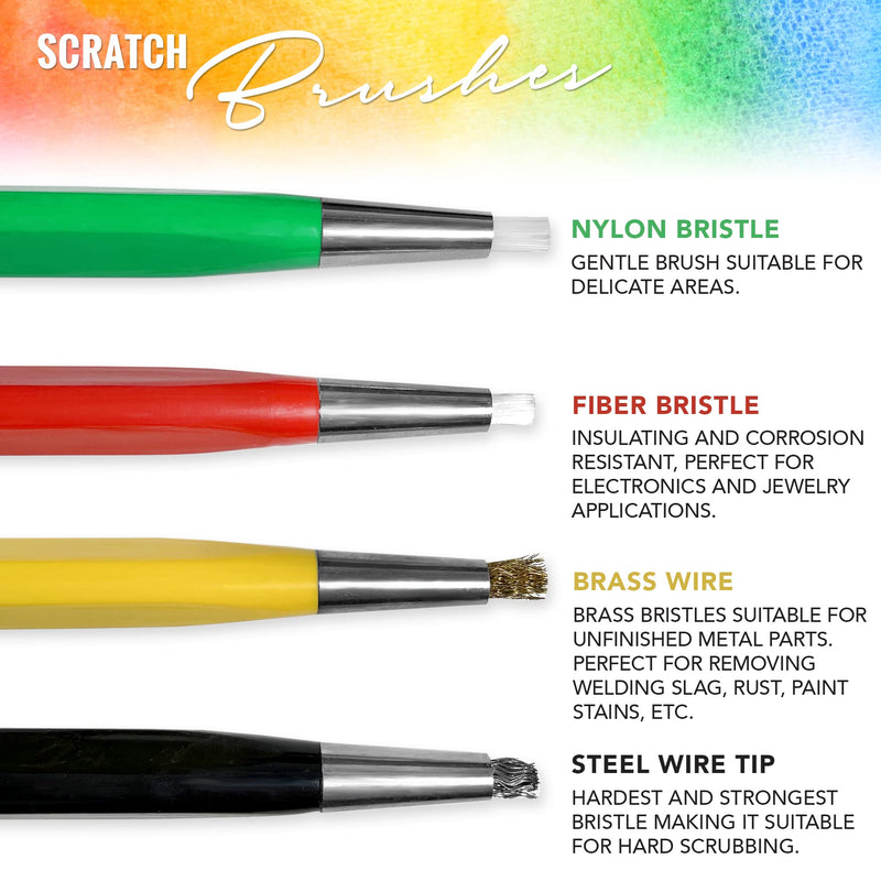 Pixiss Scratch Brush Pen Set With Replacement Tips, Fiberglass, Steel, Brass, Nylon, 5-inches Pen Style Prep Sanding Brush 4-Pack For Corrosion, Rust, Jewelry, Circuit Boards and Auto Body Work