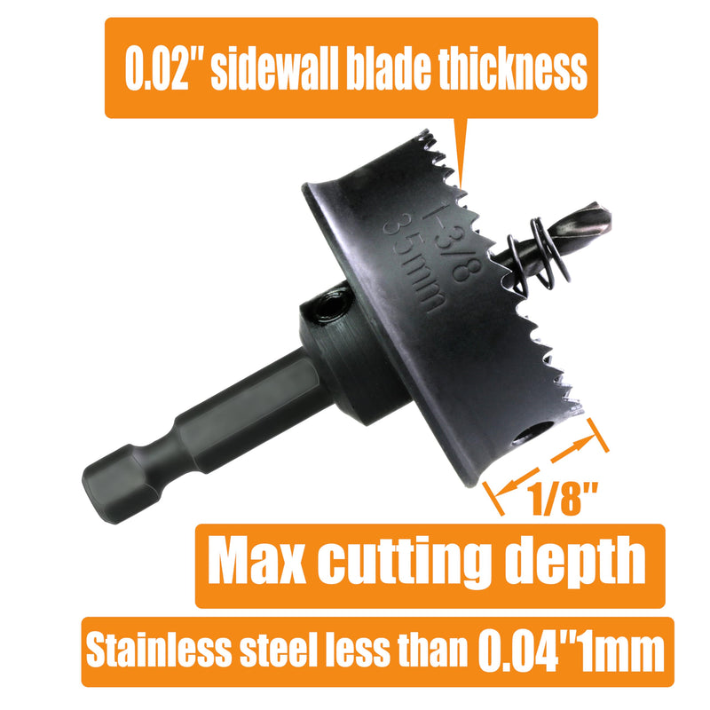 7/8″, 1-1/8″, 1-3/8″ Thin-Wall HSS Bi Metal Hole Saw Cutter Sheet Steel Hole Saw for Impact Driver Plastics Sheet Metal Wood Stainless Steel QHSS-3A