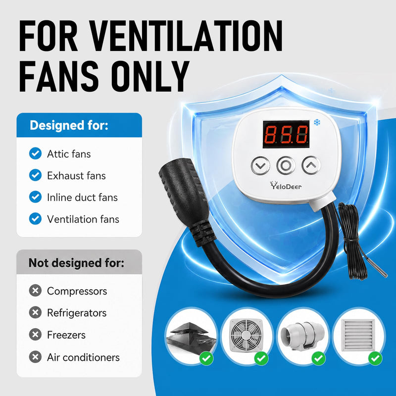 Digital Cooling Thermostat Outlet, 120V Plug-in Temperature Controller for Attic Fan and Exhaust Fan, Precise Temperature Control, 0–10H Timer, Forced Cooling
