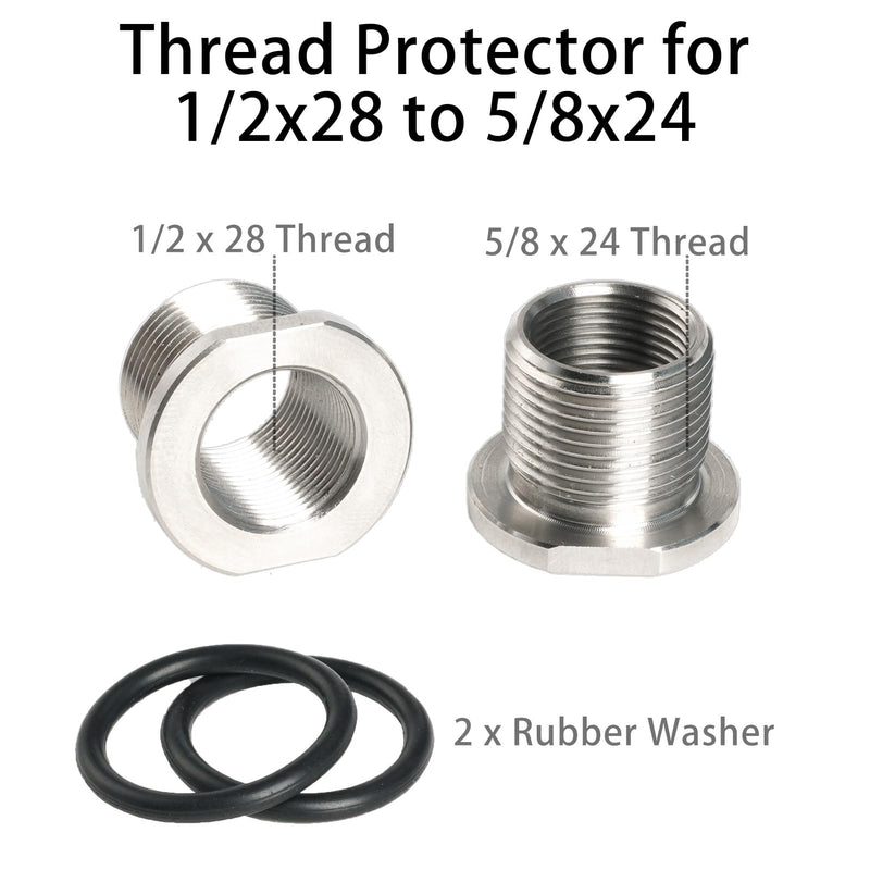 2 Pack Thread Adapters and Washers，1/2x28 to 5/8x24 Stainless Steel Thread Protector with Rubber Washer (Silver) Silver