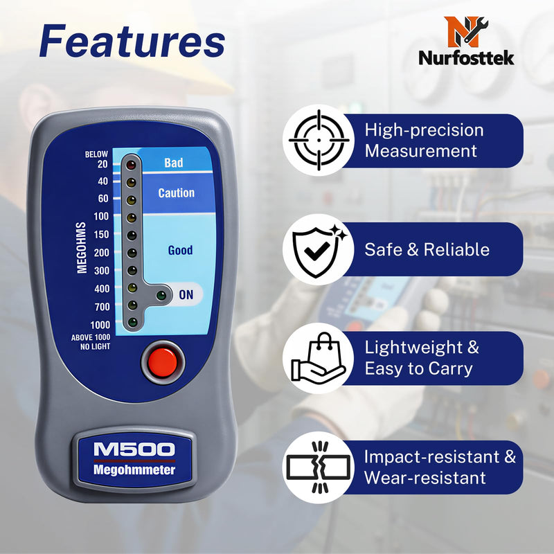 M500 Megohmmeter Portable Insulation Tester, with Soft Tool Kit | 500V, 20-1000 Megohms Range, for Compressors, HVAC & Electrical Equipment, High Precision Detection, Three-color Zone Display