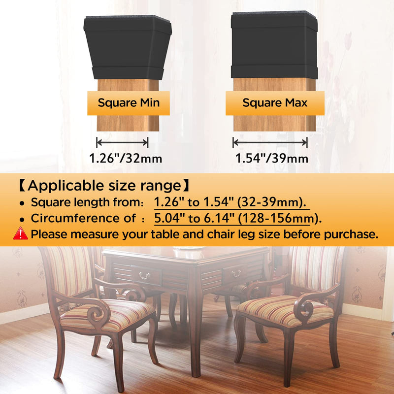 16 PCS Square Chair Leg Floor Protector, Silicone Chair Leg Cover, Furniture Leg Protectors with Felt, Mobile Table Leg pad, Protect The Floor from Scratches.1 1/2 in Black. Square L(1.26-1.57")