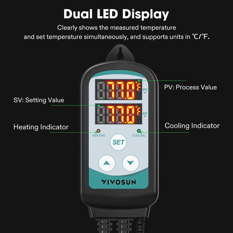 VIVOSUN 1500W Digital Temperature Controller, 2-Stage Outlet Thermostat Heating and Cooling Mode, Thermostat with Dual LED Display, for Homebrew Fermenter Greenhouse Terrarium, 110-240V 15A 1500W