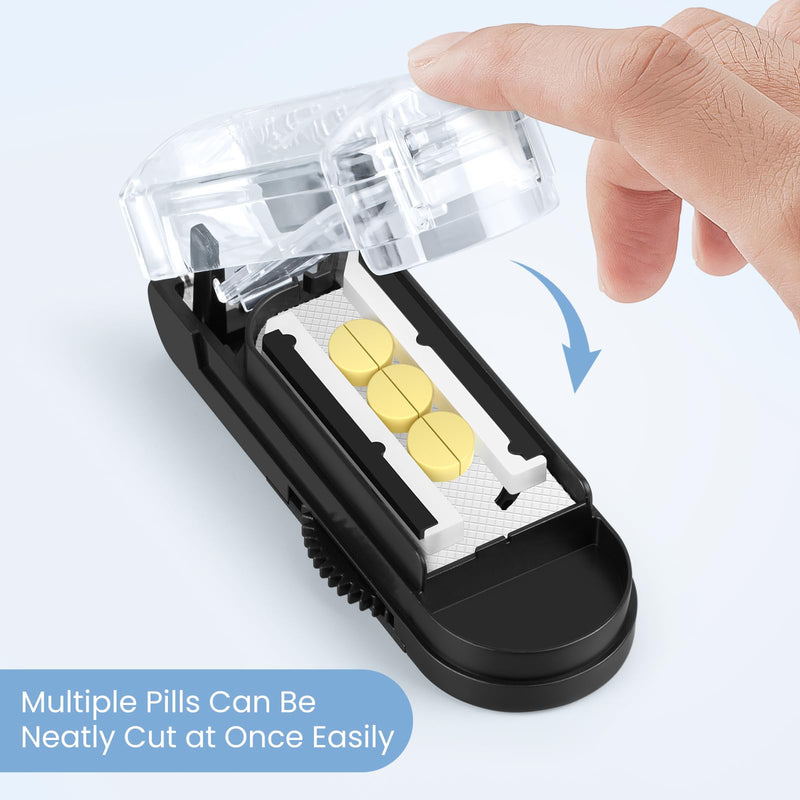 Pill Cutter for Multiple Pills at a Time, Pill Cutter Splitter for Small and Tiny Pills, Pill Cutter for Small or Large Pills, Pill Splitter with Hidden Sharp Stainless Steel Blade (Black) Black+clear