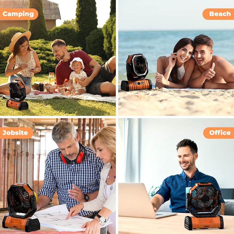 Camping Fan - 20000mAh Battery Powered Fan Rechargeable with LED Lantern - Portable Outdoor Tent Fans with Hanging Hook 4 Speeds Wind Remote Control, Black and Orange 8.9*11.4*4.6in