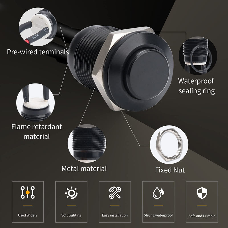 STARELO 5pcs 12mm Momentary Push Button Switch Black Shell with pre-Wiring, IP65 Waterproof Push Button Switch,Aluminum Alloy 1 Normally Open Without LED. 12mm Black Shell