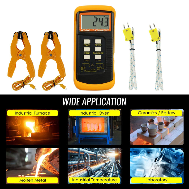 K Type Thermocouple Thermometer (-50~1300°C), Dual Channels Digital Thermometer with 2 Temperature Clamp 2 Wired Thermocouple Probes, High Accuracy Temperature Kelvin Scale Meter Tester