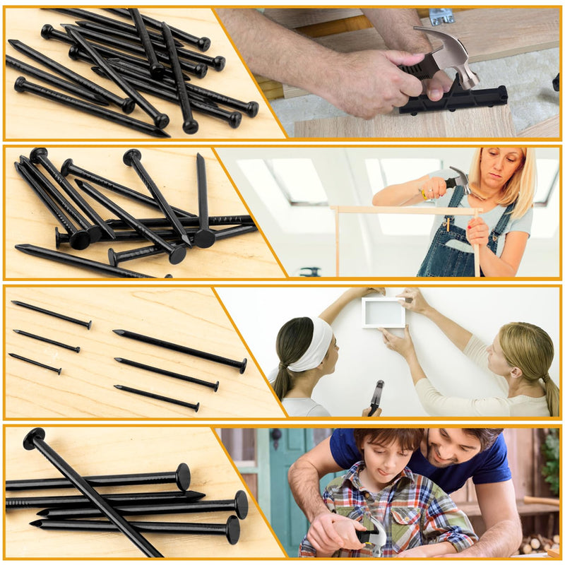 KURUI Hardware Nails for Hanging Pictures Assorted Kit,700pc Black Picture Hangers for Photo Frame Art Canvas, 6 Sizes Small Finish Nails Assortment Kit,640 Frame Nails and 60 Wall Finishing Nails 700Pcs Black Nails