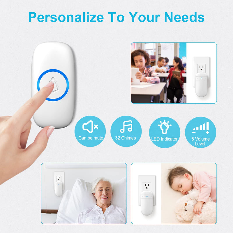 SECRUI Doorbell–Doorbell Wireless Kits for Front Door – Battery Operated Doorbell with 52 Chimes, 5 Volume Levels – Waterproof Doorbell (2 Push Buttons 2 Receivers) 2 Receivers 2 Push buttons White