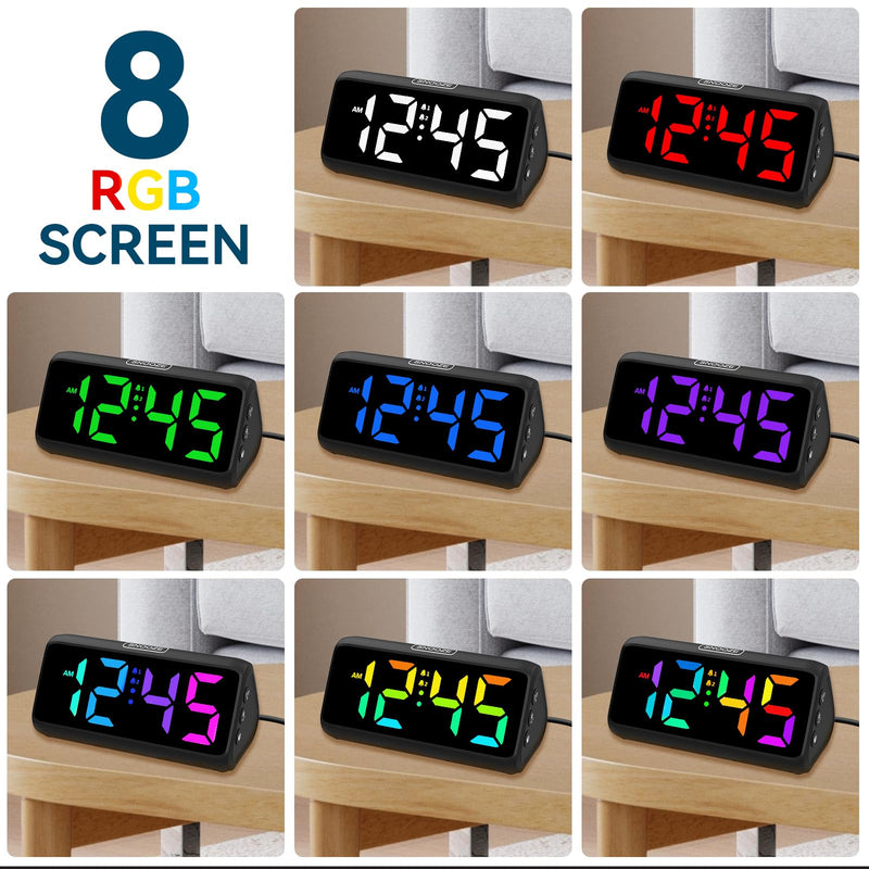 Netzu Loud Alarm Clock for Heavy Sleepers, Plug-in RGB Vibrating Alarm Clocks with Bed Shaker, 5 Dimmers, 2 Alarms and Snooze for Bedrooms Hearing Impaired Deaf Adults (Black) Black