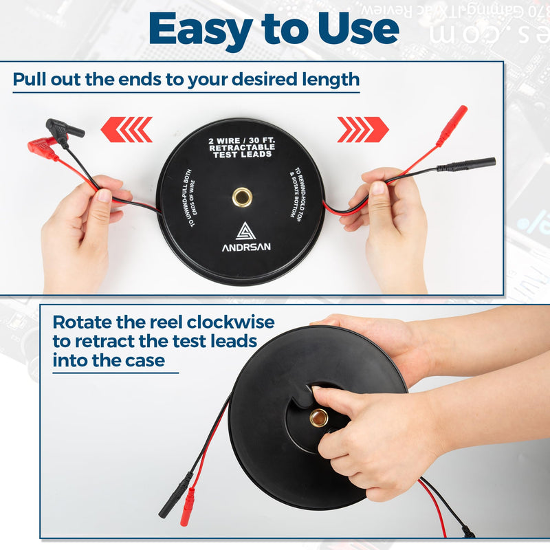 2 Wire 30 ft Retractable Test Leads with 4 mm Banana Plugs, 18 AWG Multimeter Test Leads with 4 Alligator Clips, 2 Test Probes and 2 Wire Piercing Probes, Test Lead Kit for Testing Electrical Circuits