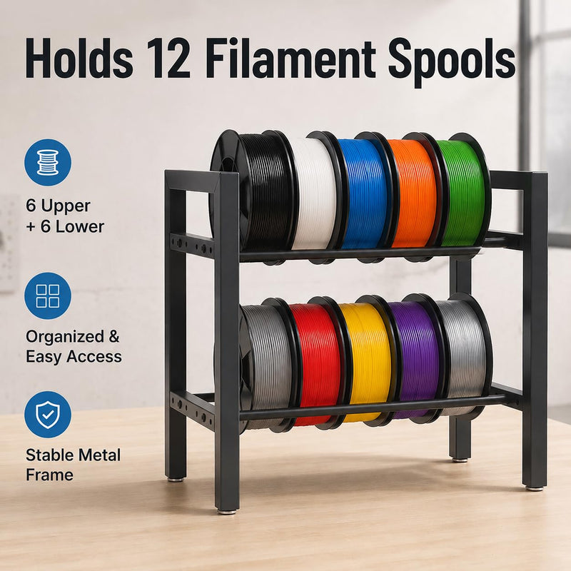 2-Tier Filament Storage Rack, Metal Rolling Spool Holder Stand, 3D Printer Filament Organizer Shelf for Tabletop,Holds up to 12×1kg Spools-Anti Slip- Ideal for Home, Office, Workshop