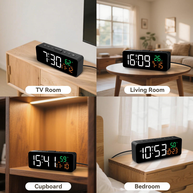 Netzu 3-in-1 Digital Clocks for Living Room with Temperature, Date & Time Display - 4 Levels Birghtness, 3 Volumes, Small & Compact Plug-in Alarm Clock for Bedroom, Office (Black) Black