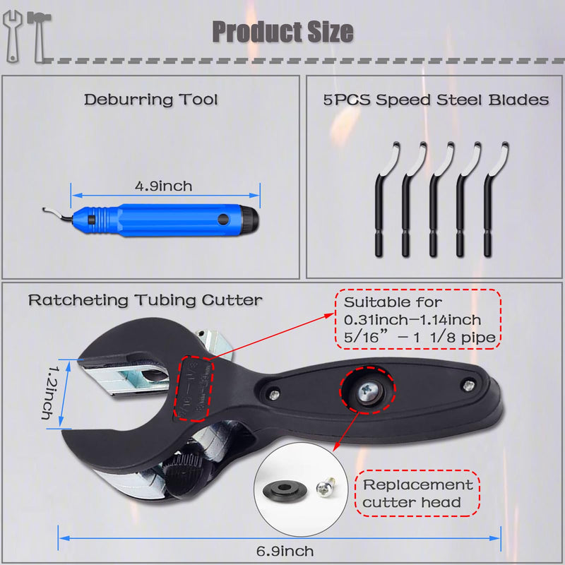 Ratcheting Tubing Cutter, Copper Pipe Cutter, Tubing Cutter 5/16" To 1 1/8", 2 in 1-360° Close Quarters Tube Compact Cutter with Deburring Tool, Pex Cutter Tool for Cutting Copper and Metal Pipes.