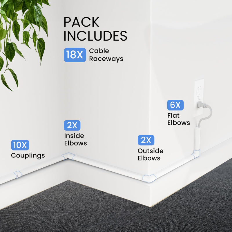 EVEO Cable Hider, 300” Cord Hider, One-Cord Covers for Wires on Wall, Cable Raceway Cord Hider Wall, Cable Cover, Cable Concealer, Wire Covers for Cords - 18x (L17” W0.59 H0.4) - White Small