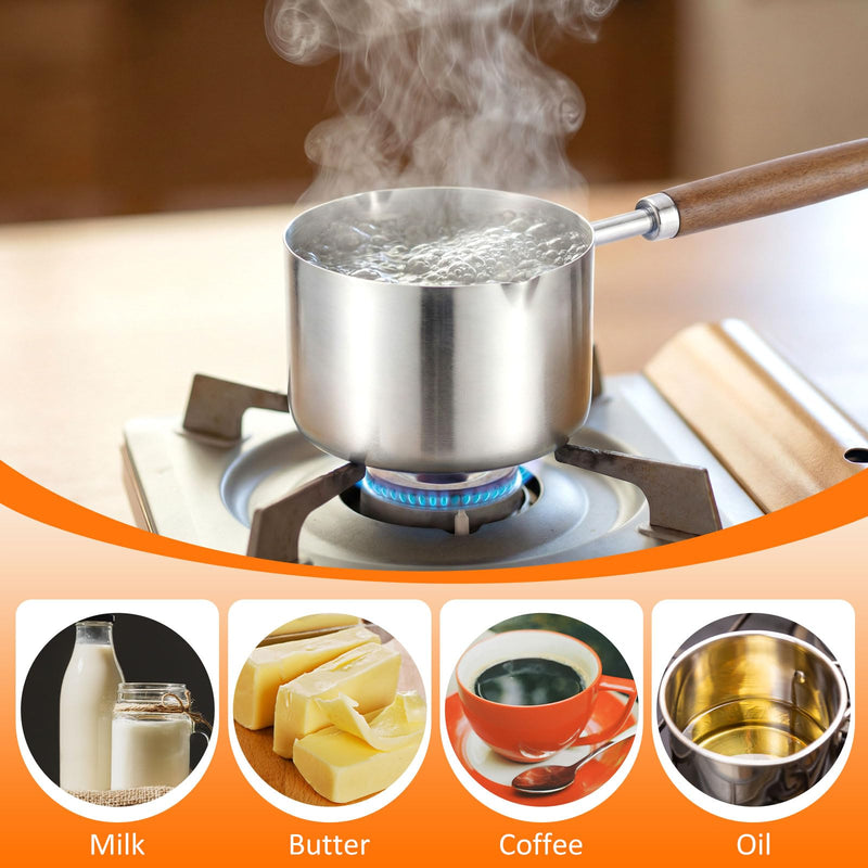 LemonRoad 4Pcs Stainless Steel Mini Butter Warmer, 8.5oz/ 250ml Mini Sauce Pan Pot, Coffee Milk Warmer Heater, Small Coffee Sauce Pot for Keeping Seafood Butter Warm, Dual Spouts and Solid Wood Handle 4