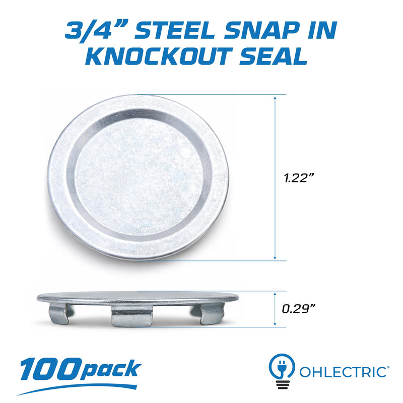 OHLECTRIC 3/4-Inch Snap-in Knockout Seals (100 Pack) Zinc-Plated Steel Electrical KO Hole Covers for Outlet Boxes, Junction Boxes and Metal Enclosures 100