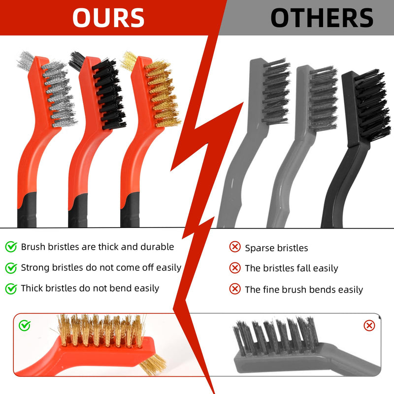3pcs Wire Brushes for Cleaning Rust, Upgrade Wire Brush Set - Brass/Stainless Steel/Nylon Bristles, Small Metal Wire Brush with Curved Handle Grip, Wire Brushes for Paint and Stain, 7 Inches
