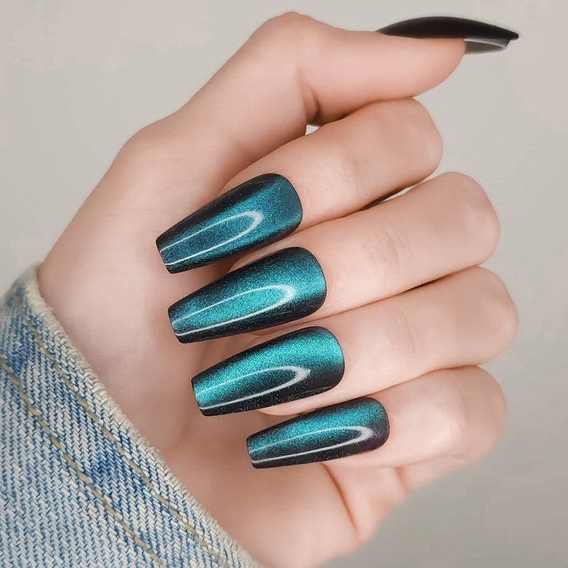 Hypnaughty Press On Nails - Ocean & Galaxy Cat Eye Coffin, Trendy & Salon Quality Reusable Nails With Kit