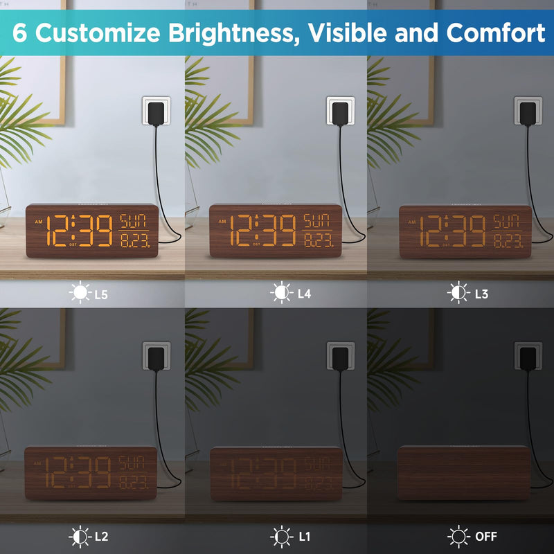 Peakeep Wooden Digital Alarm Clock Large Display, Textured Desk Table Decoration for Bedroom, Living Room, Plug in Clock with Time Date Day, 5 Brightness, Auto DST Brown (Plug In)