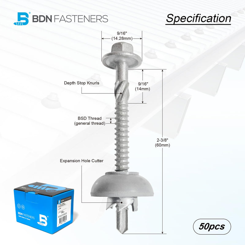 Polycarbonate Skylight Screws #12×2-3/8"(12-14x60mm) , Hex Flange Head, Self-Drilling Screw for Metal, 50pcs