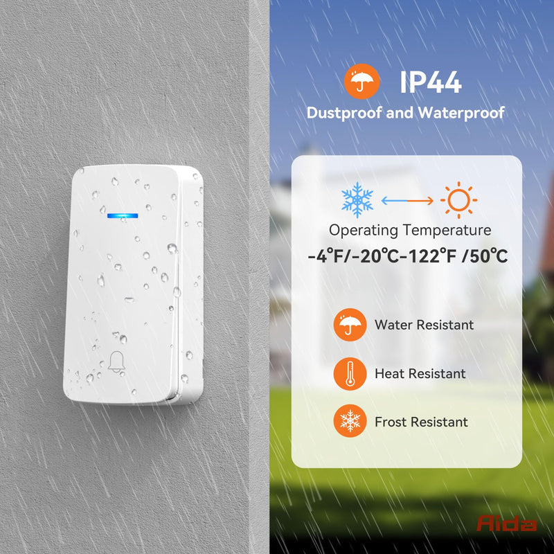 AIDA Wireless Doorbell, Self-powered Doorbell with Extra Socket, No Battery Required Push Button, Cordless Door Bell Ringer, 5 Volume Levels with 32 Doorbell Chimes (White, 1 Button & 1 Receiver) 1 Buttons & 1 Receiver White