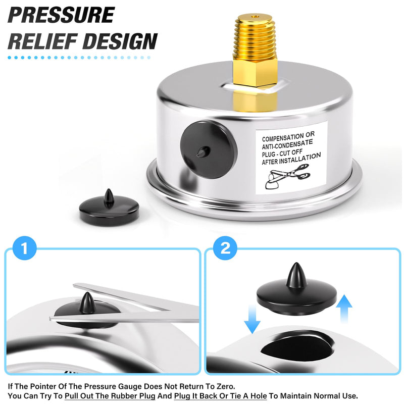 MEANLIN MEASURE 0~100Psi Stainless Steel 1/8" NPT 1.5" FACE DIAL, Glycerin Filled Pressure Gauge, Liquid Filled, Back Mount with 2PCS Snaps (Black) 0-100Psi Back Mount(Black Dial)