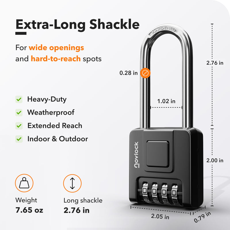2.76 in Long Shackle Combination Locks for Outdoor & Indoor | Heavy Duty, Weatherproof, 4-Digit Security | Padlocks for Gates, Fences, Sheds, Lockers, Storage | 4-Pack, Black