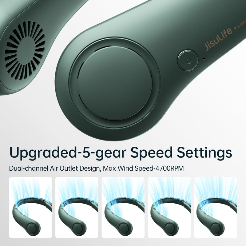 JISULIFE Portable Neck Fan, Hands Free Bladeless Fan, 5 Speeds, 4000 mAh Battery Operated Wearable Personal Fan, Twistable, Rechargeable, Gift for Women Men-Dark Green Dark Green