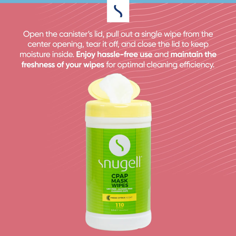 Snugell Citrus Scented CPAP Mask Wipes – 110 Count – 100% Soft Cotton, Lint-Free, Alcohol-Free – Skin-Safe Formula with Aloe Vera – Easy-Open Canister for Cleaning CPAP Masks, Tubes, and Devices 110 Count (Pack of 1)