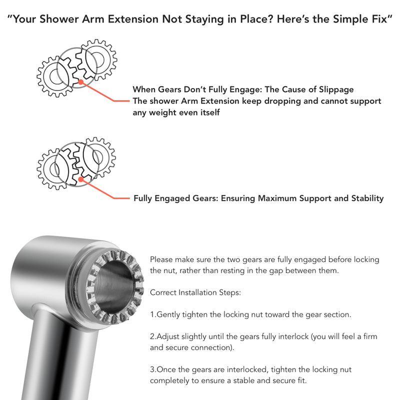 16 inch Dual Extension Extra Long Adjustable Shower Head Extension Arm With Locking Set Screw, Singing Rain Brass Angle Height Adjustable, G1/2 Universal Connector Compatible (Chrome Finish) Chrome