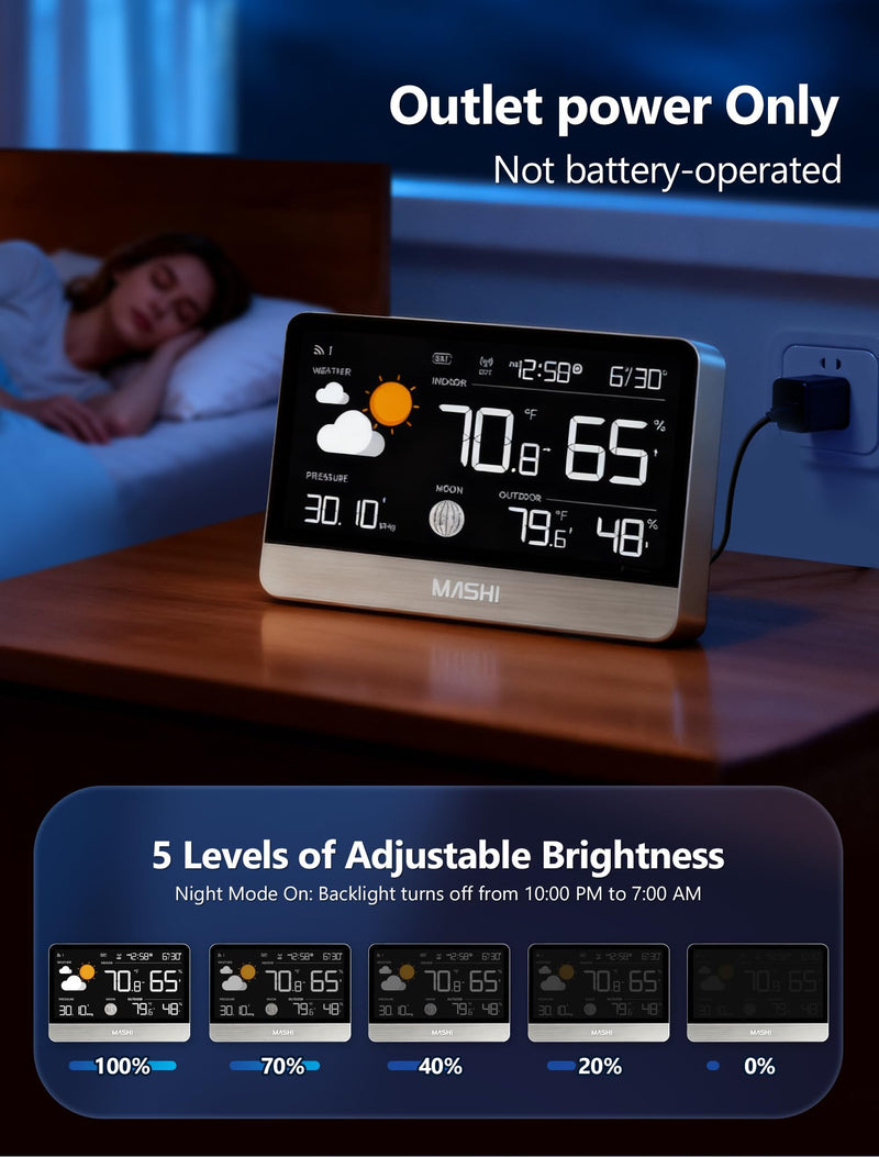 MASHI Weather Station Wireless Indoor Outdoor Thermometer, Digital Weather Thermometer with Atomic Clock,8.8" Display Home Weather Stations with Weather Forecast, 5-Level Brightness,Silver