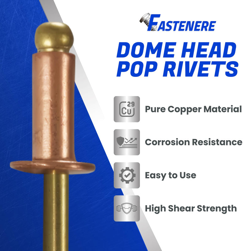 Fastenere Copper Pop Rivets - 1/8" x 3/16" (100 Pack) Copper Body Brass Mandrel, Heavy Duty, Open-End, Dome-Head Blind Rivets, Corrosion-Resistant & High Shear Strength, 4-3 Gap .126" - .187" 1/8" x 3/16" (100 Pack)