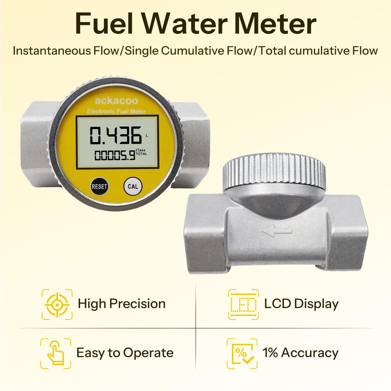 1.5 Inch NPT Digital Turbine Flow Meter with LCD Display, ±1% Accuracy, Waterproof EMI Protection Electronic Fuel Water Meter, 10.5–74 GPM Flowmeter for Gasoline Diesel Water Kerosene Round 1.5 Inch Flow Meter