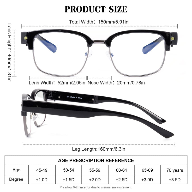 SKYWAY Reading Glasses with Light Metal Frame Magnifier Reading Glasses rechargeable Bright Led Readers Glasses for Men Women Black 2.5 x