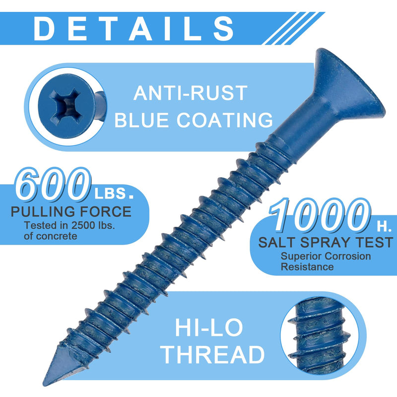 55 Packs, Concrete Screw Anchor, 3/16" x 1-3/4", Blue Flat Head Screws for Anchoring to Masonry, Brick, Block, Cement or Stucco 3/16" X 1-3/4" 55pcs